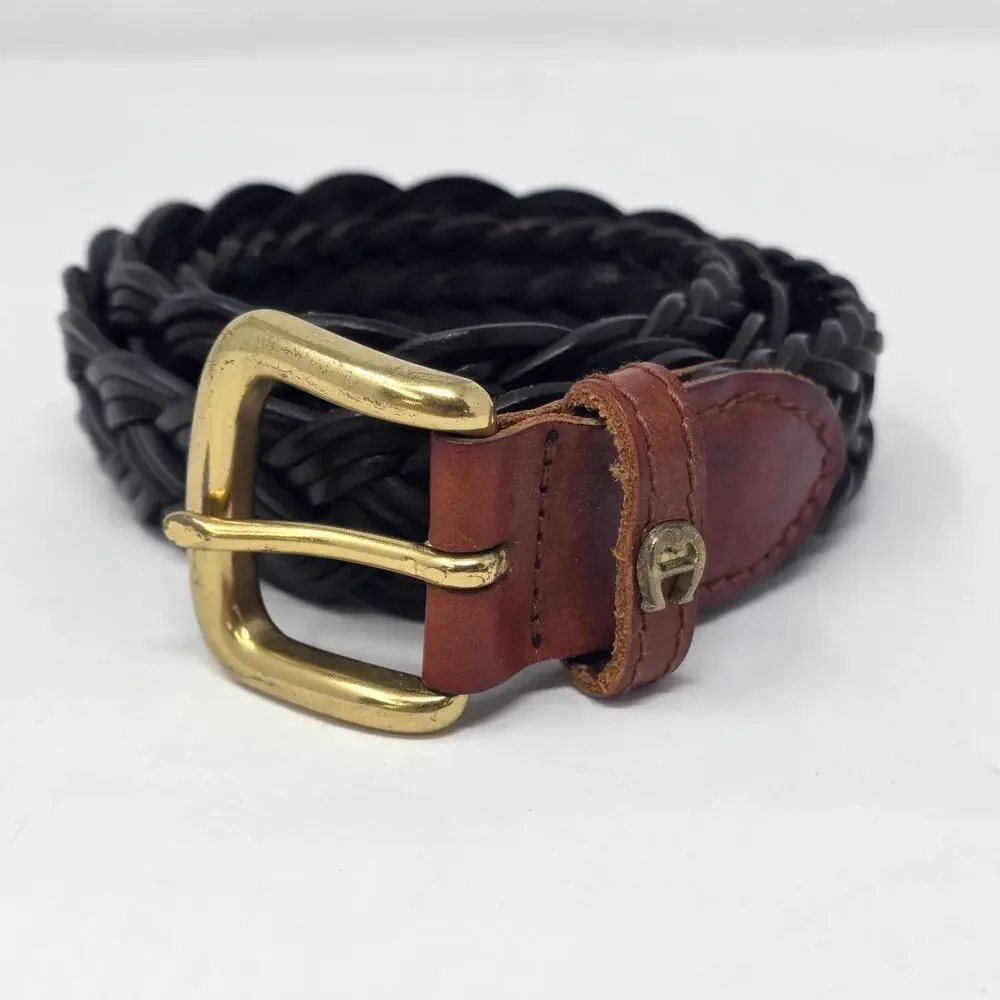 VTG Etienne Aigner Brown Woven Leather Belt Womens Medium Brass Buckle Logo